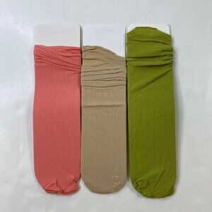 Womens Crew Socks Set 3 Solid Ribbed Coral Beige Green